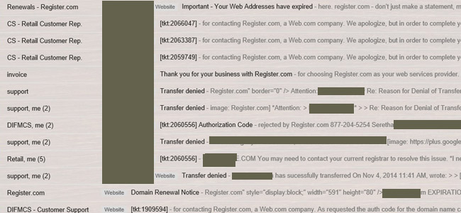 Many emails from register.com saying transfer cancelled, transfer accepted,and more noise.